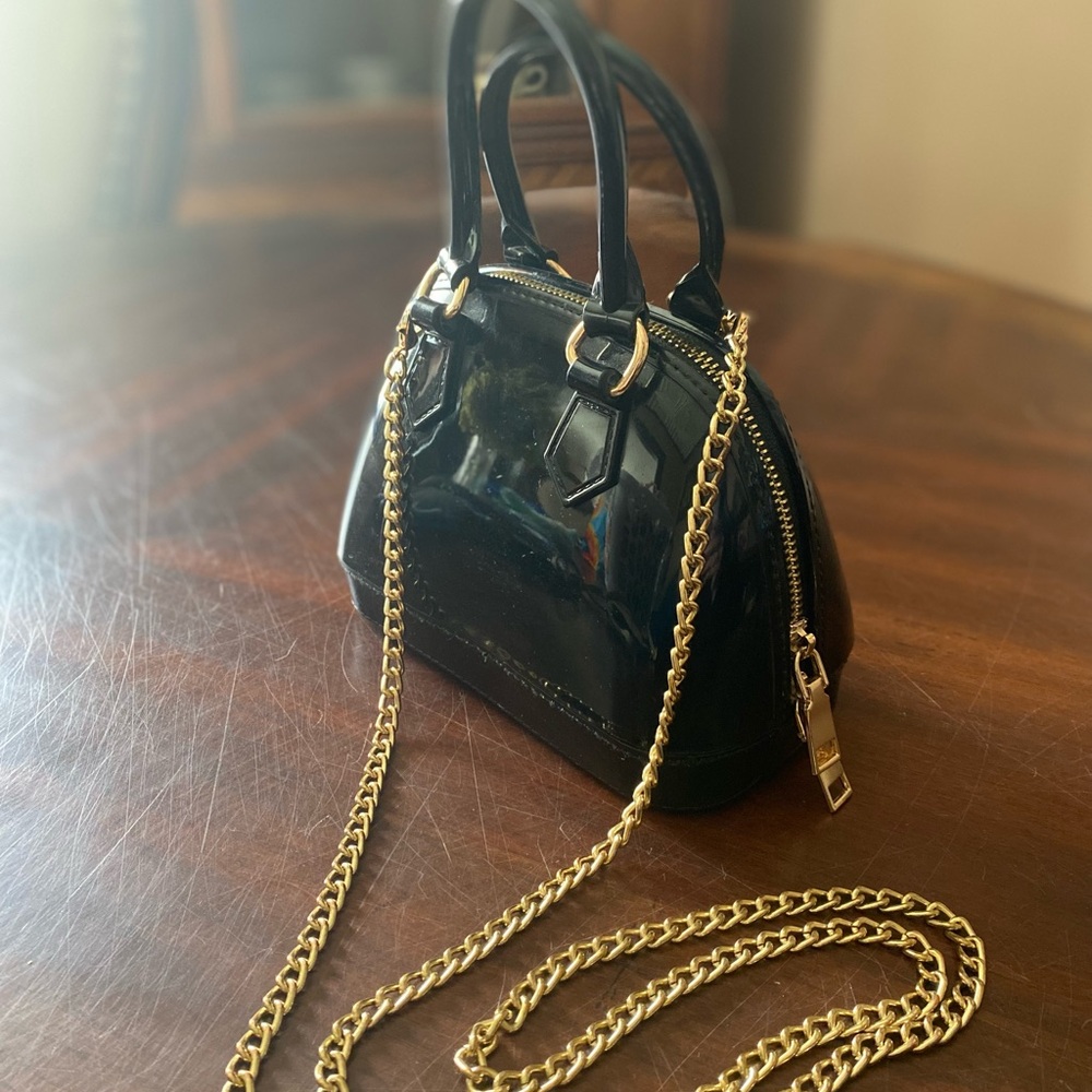 Black Patent Mini Dome Bag with Gold Chain Strap - Picture 1 of 3
